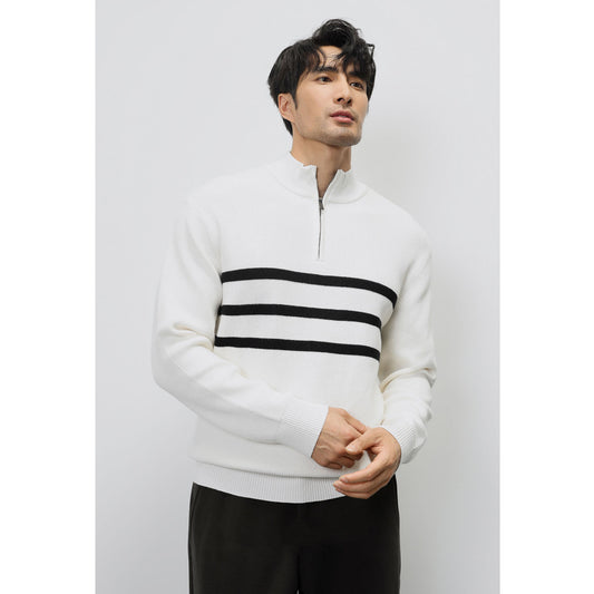 Autumn And Winter New Long-sleeved Knitted Sweater For Men Half-zip Stand-up Collar Stripe