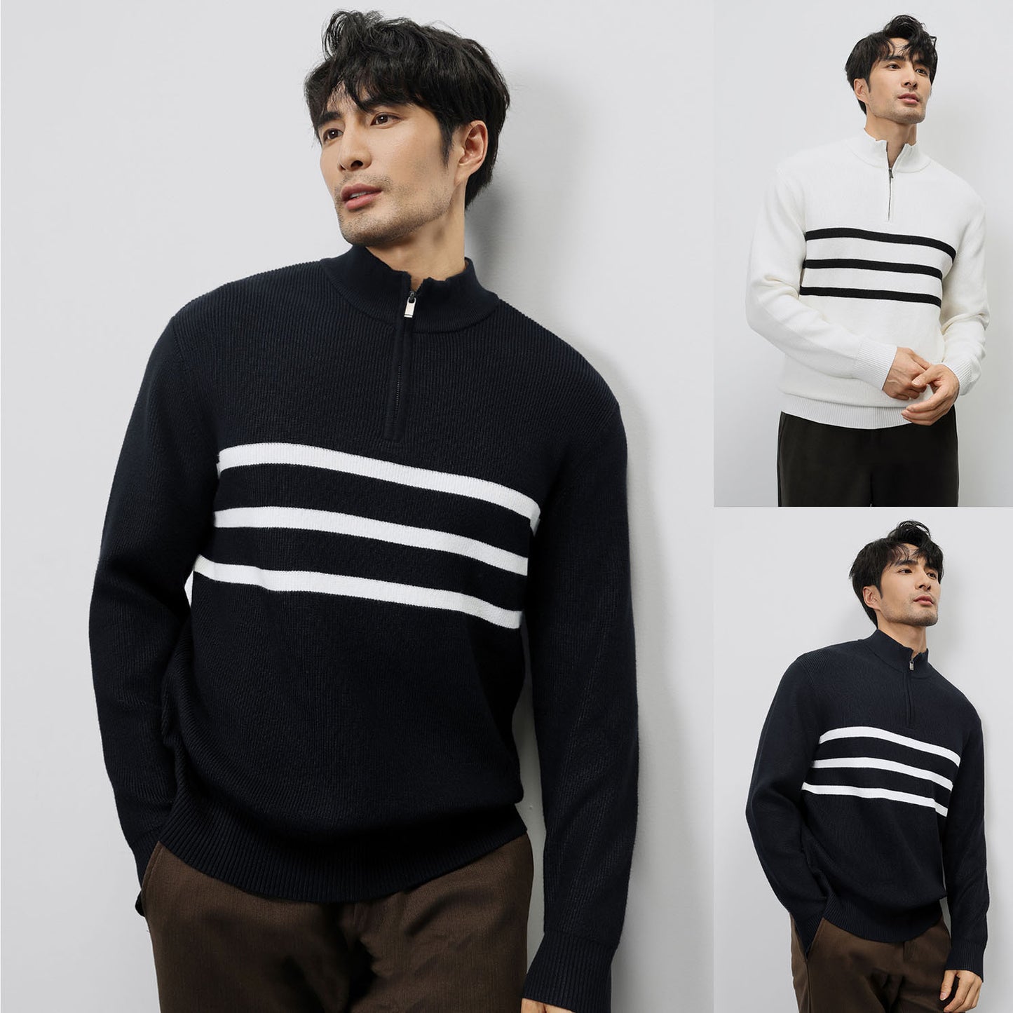 Autumn And Winter New Long-sleeved Knitted Sweater For Men Half-zip Stand-up Collar Stripe