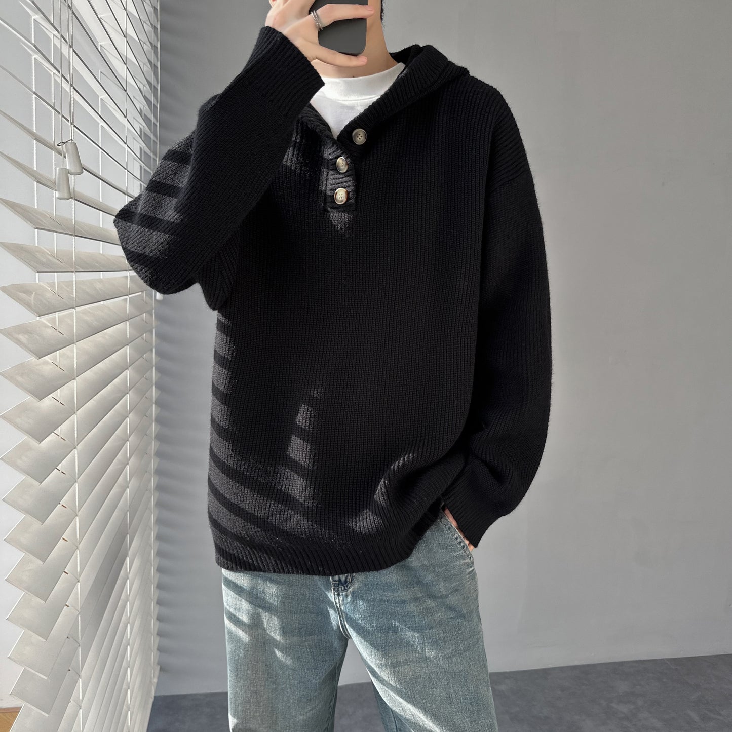 Autumn And Winter Loose Half-button Hooded Knit Sweater For Men