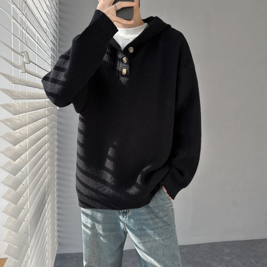 Autumn And Winter Loose Half-button Hooded Knit Sweater For Men