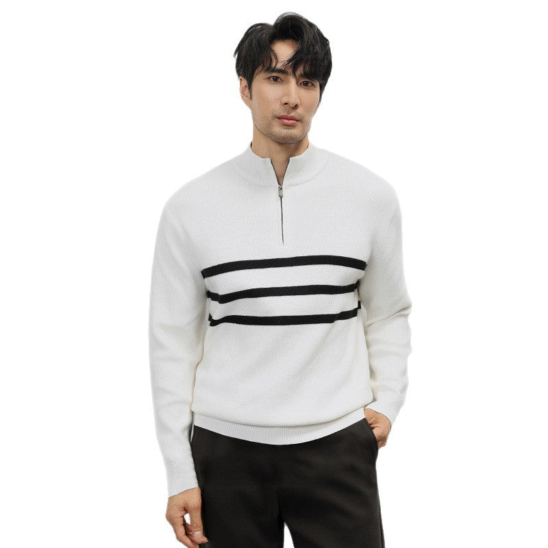 Autumn And Winter New Long-sleeved Knitted Sweater For Men Half-zip Stand-up Collar Stripe