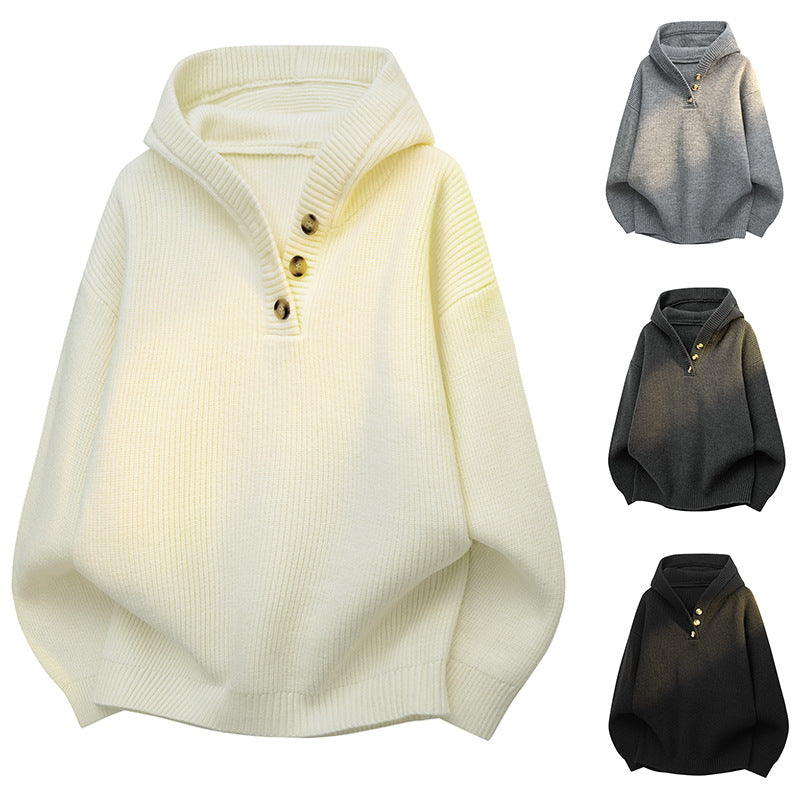 Autumn And Winter Loose Half-button Hooded Knit Sweater For Men