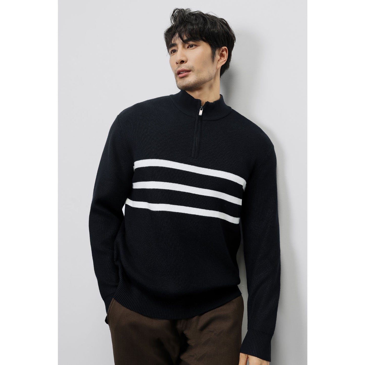 Autumn And Winter New Long-sleeved Knitted Sweater For Men Half-zip Stand-up Collar Stripe
