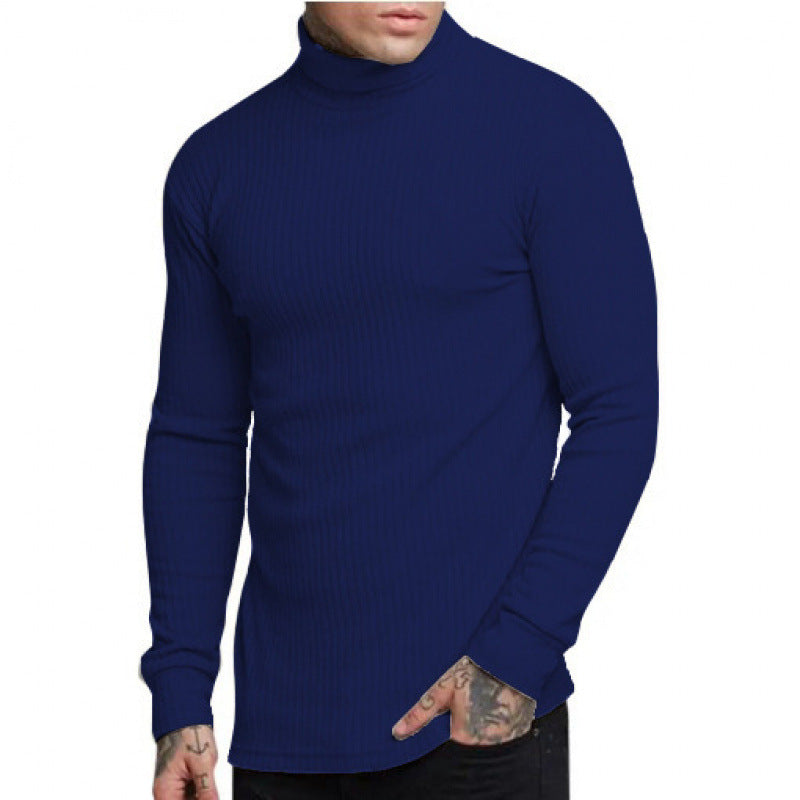 Casual Men's Fashion Solid Color High-neck Twisted Stripe Knit Sweater Slim Fit Knitwear